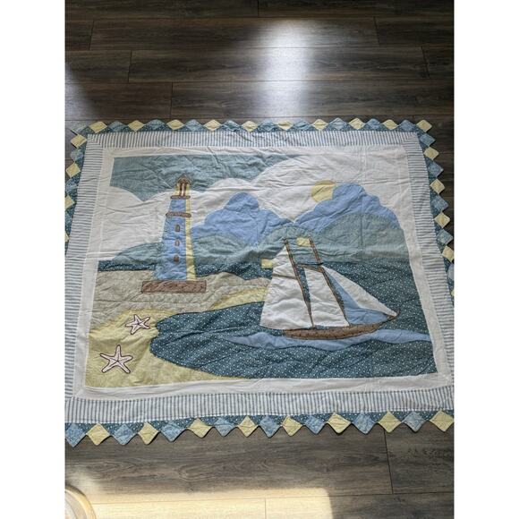 Unbranded Other - Cotton Coastal Quilted Baby Throw Blanket Yellow Blue 45” X 55” Beach Cottage